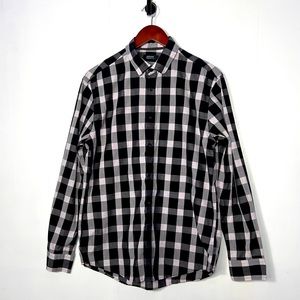 Alfani | Mens Long Sleeve Casual Checks Button Down | Black/White | Medium